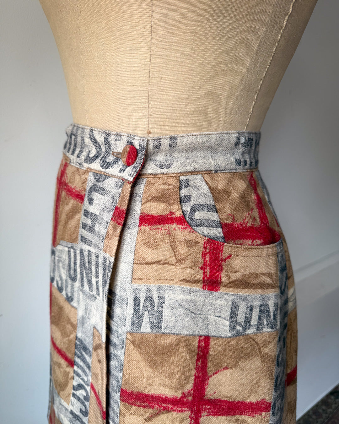 90s Moschino Novelty Paper Print Wool Wrap Skirt / S