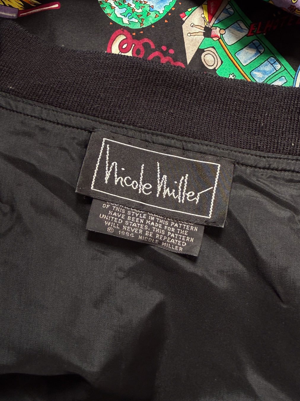 90s Nicole Miller Novelty Travel Print Silk Bomber Jacket / XL