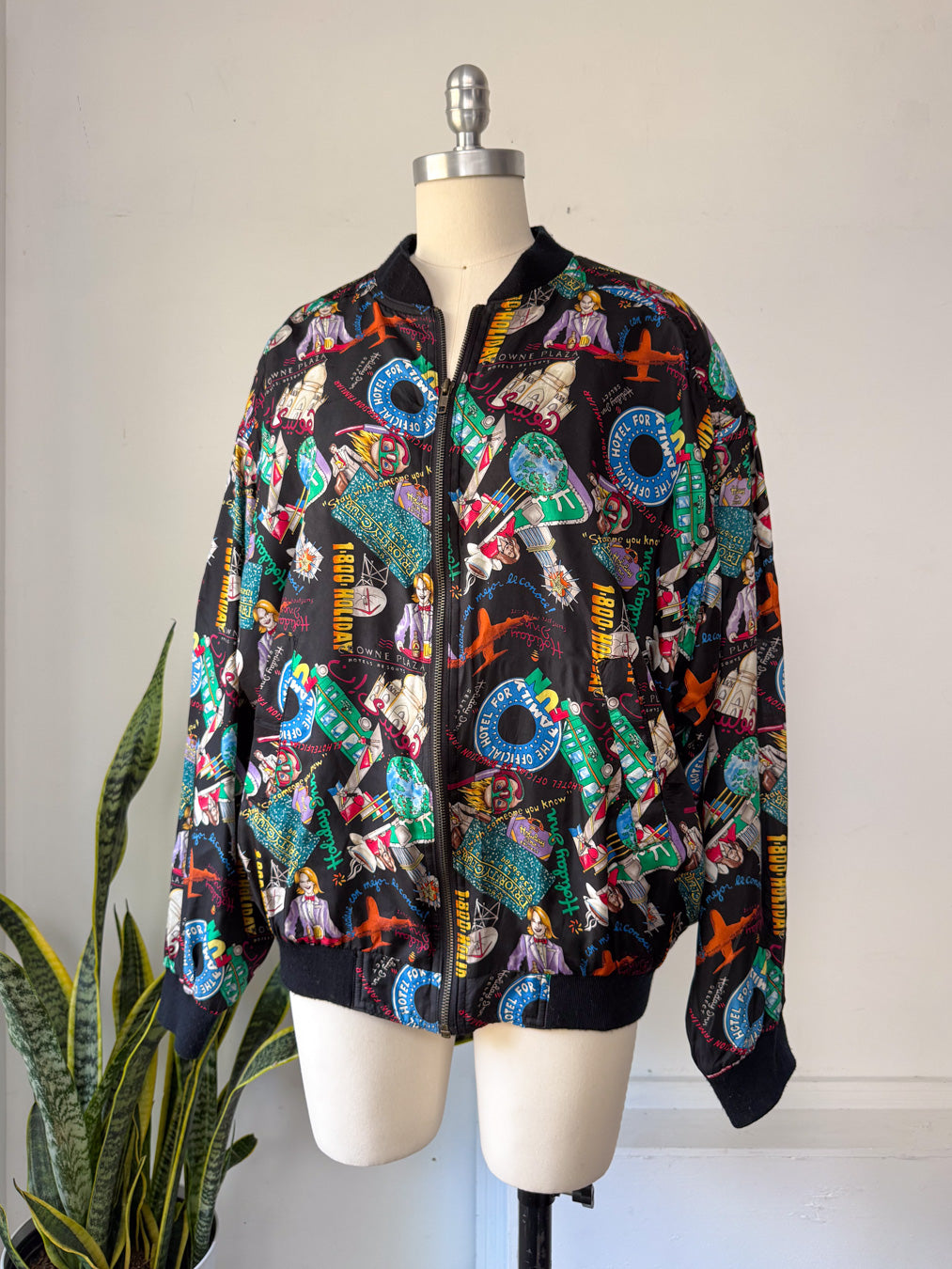 90s Nicole Miller Novelty Travel Print Silk Bomber Jacket / XL