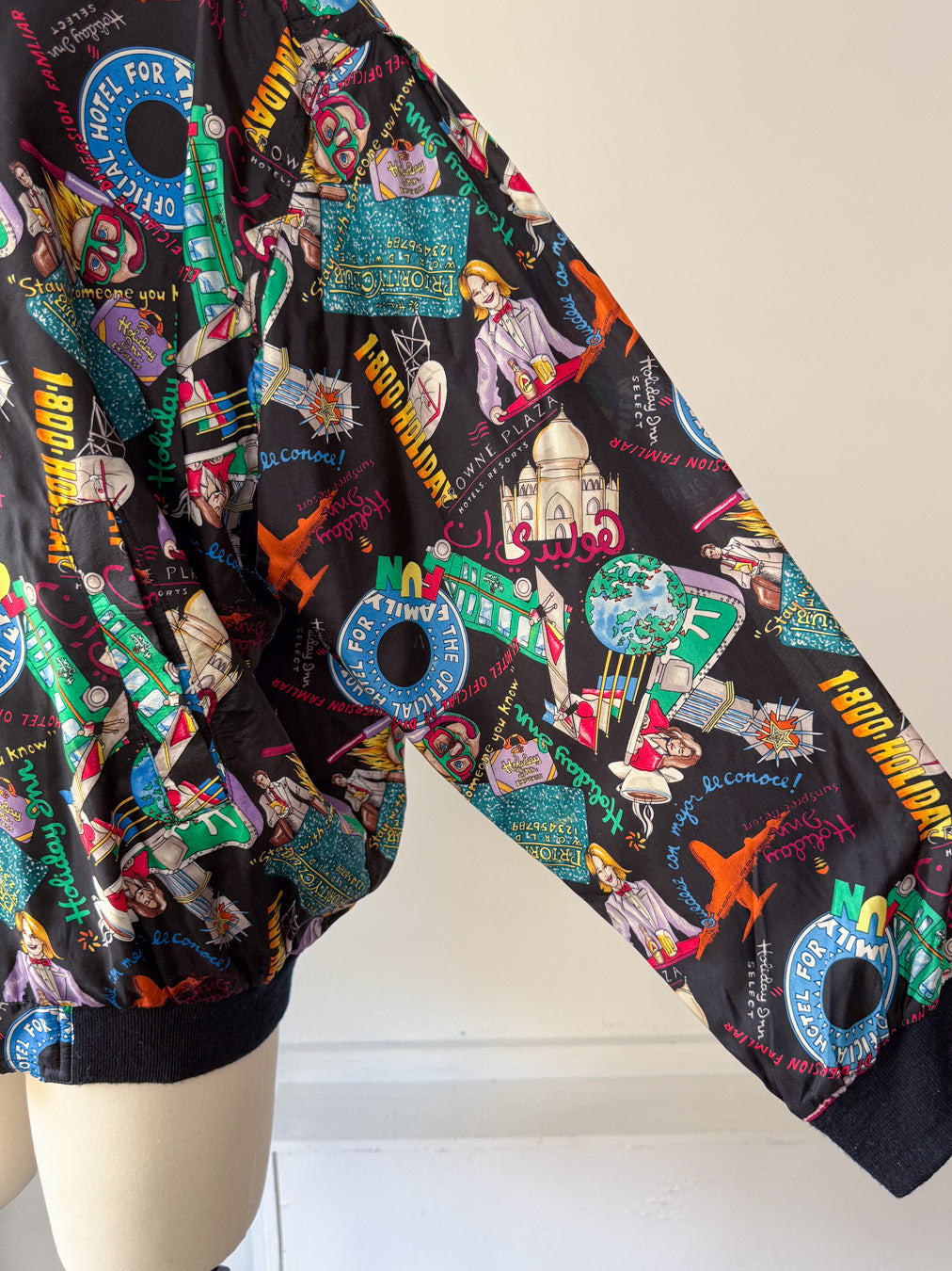 90s Nicole Miller Novelty Travel Print Silk Bomber Jacket / XL