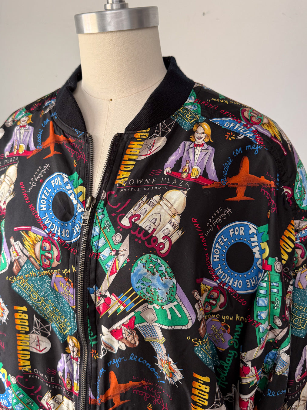 90s Nicole Miller Novelty Travel Print Silk Bomber Jacket / XL