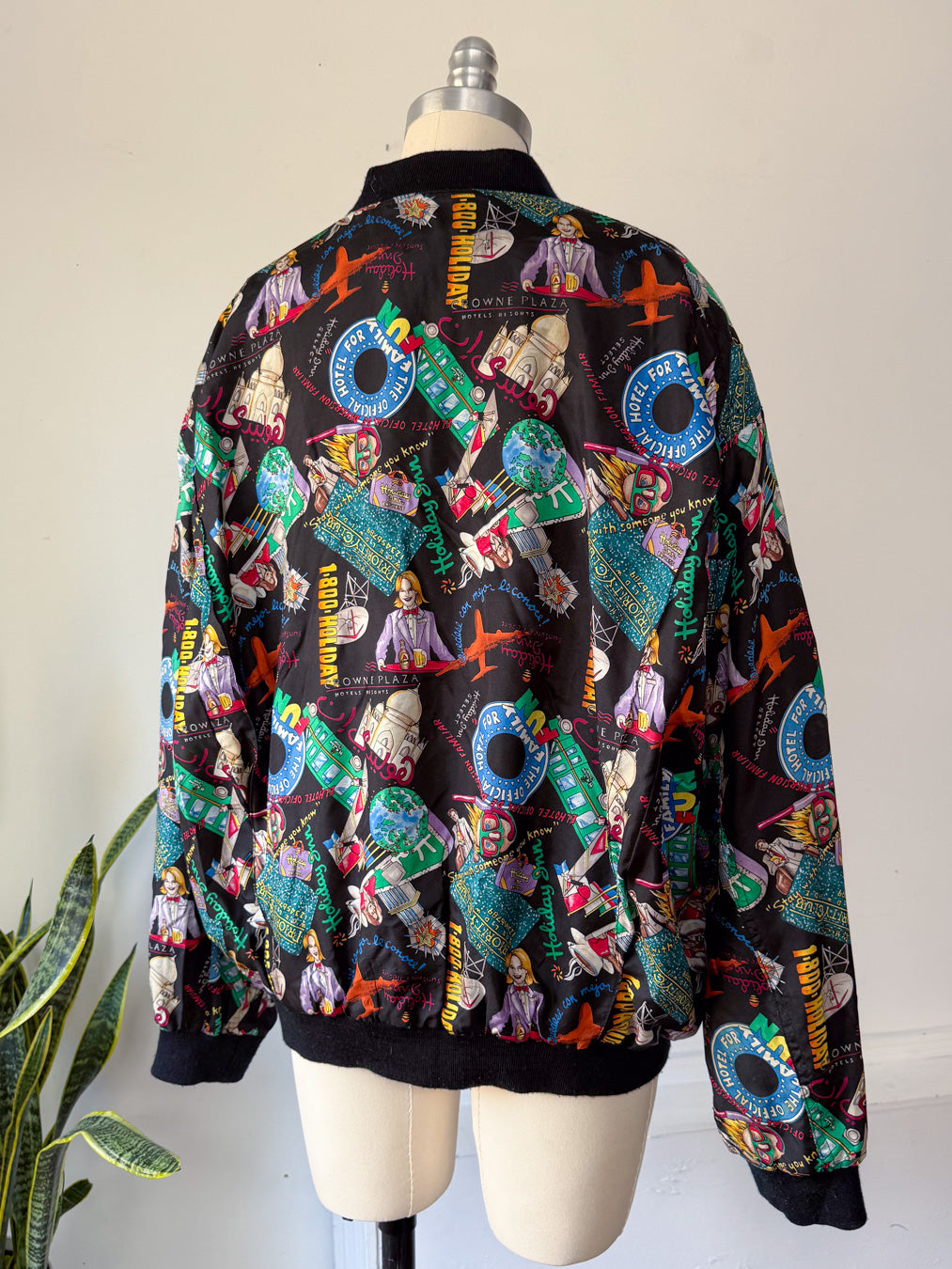 90s Nicole Miller Novelty Travel Print Silk Bomber Jacket / XL