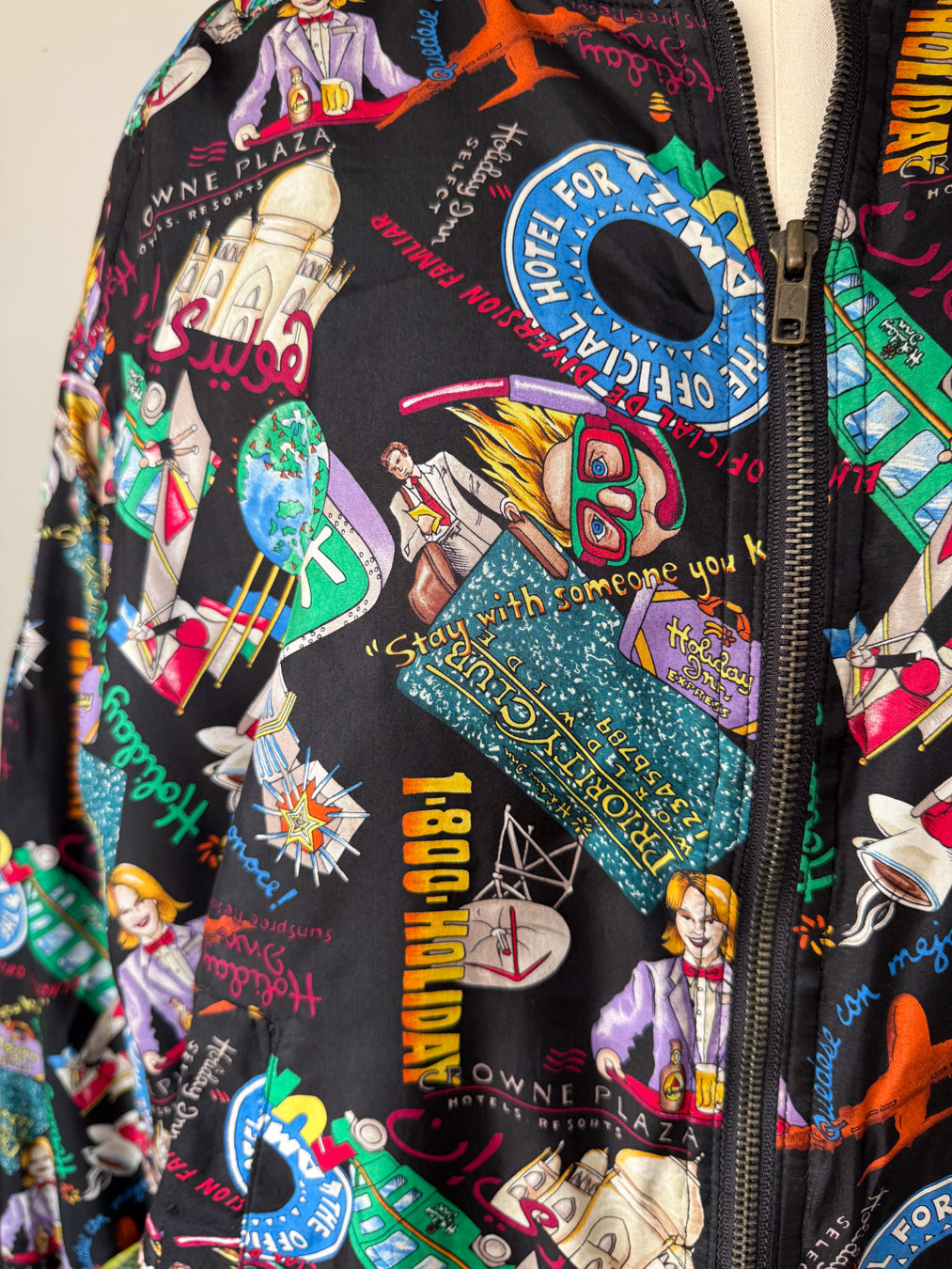 90s Nicole Miller Novelty Travel Print Silk Bomber Jacket / XL