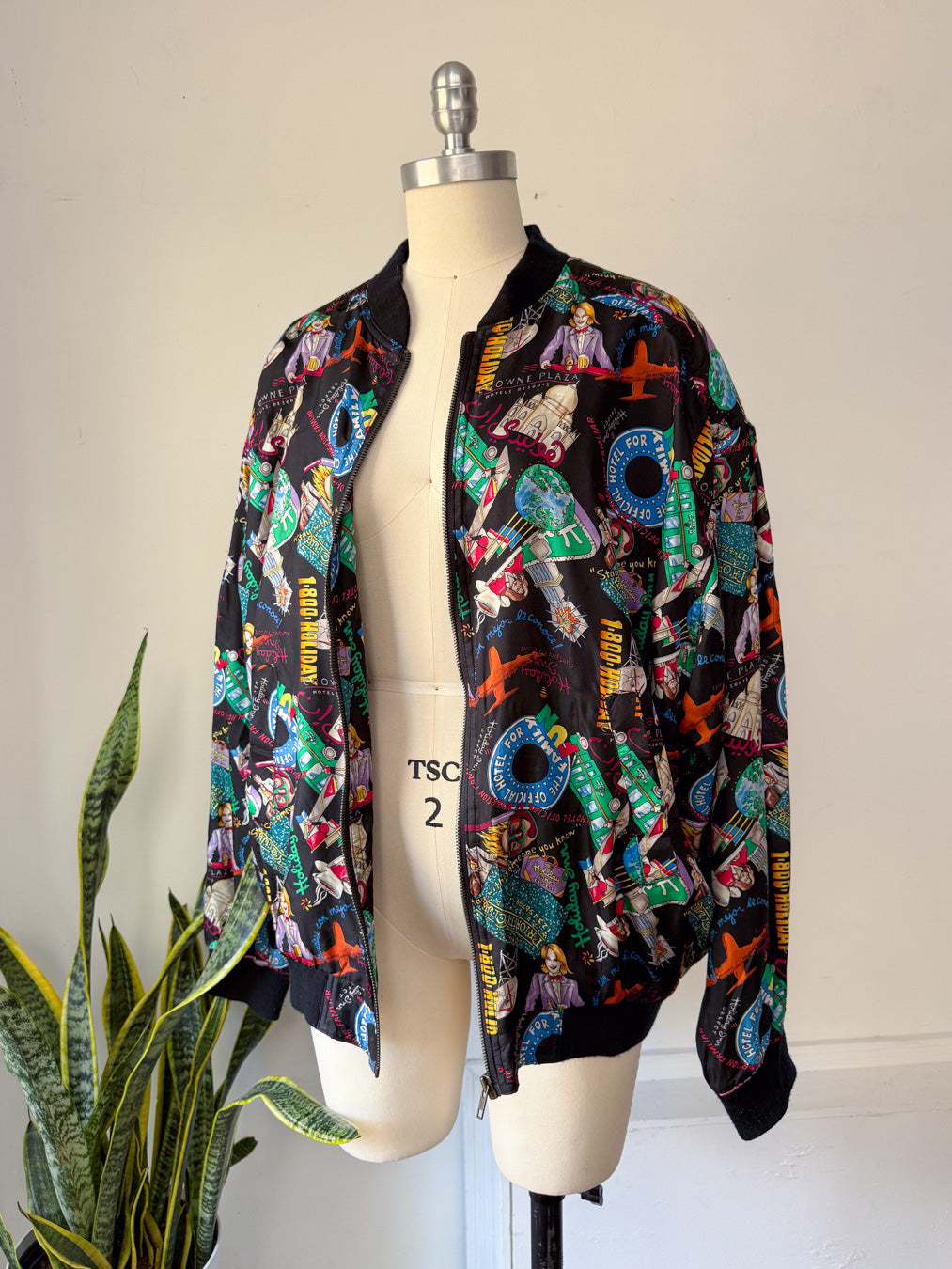 90s Nicole Miller Novelty Travel Print Silk Bomber Jacket / XL