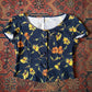 90s Norma Kamali Navy Blue Floral Print Cotton Crop Top / XS