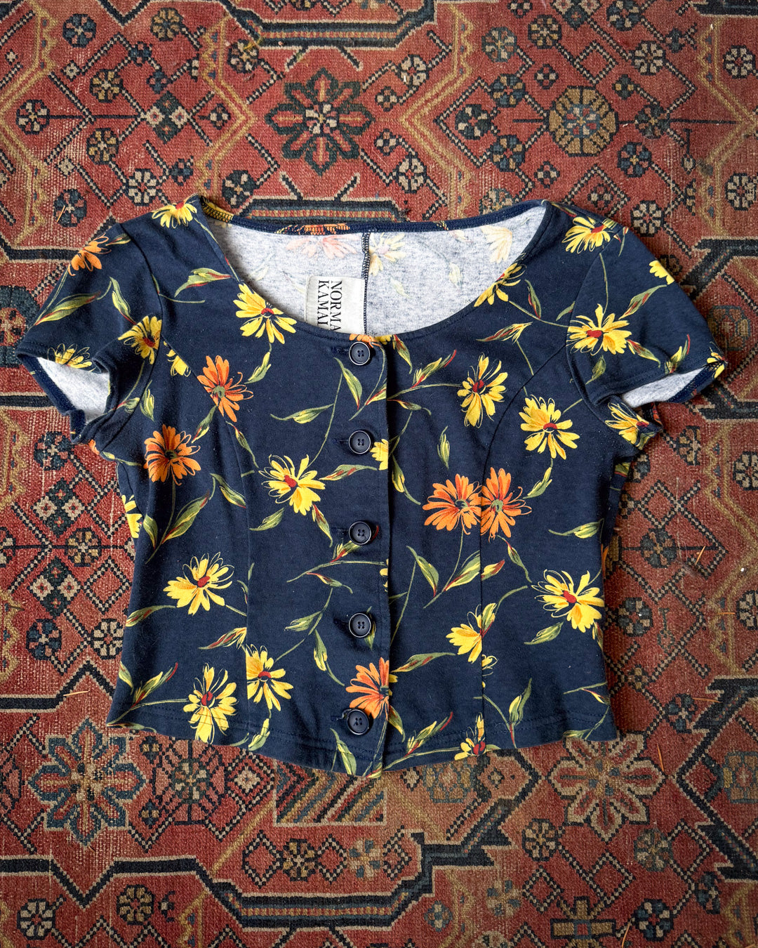 90s Norma Kamali Navy Blue Floral Print Cotton Crop Top / XS