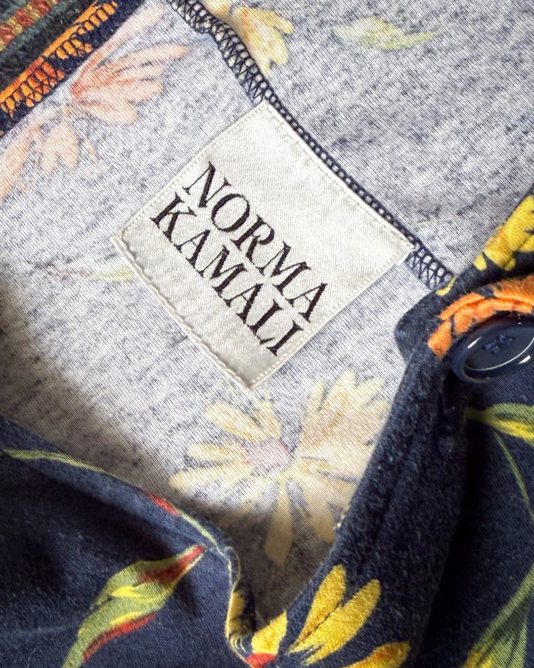 90s Norma Kamali Navy Blue Floral Print Cotton Crop Top / XS