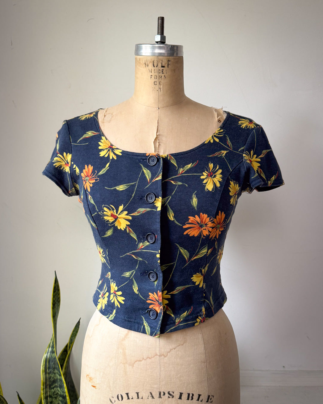 90s Norma Kamali Navy Blue Floral Print Cotton Crop Top / XS