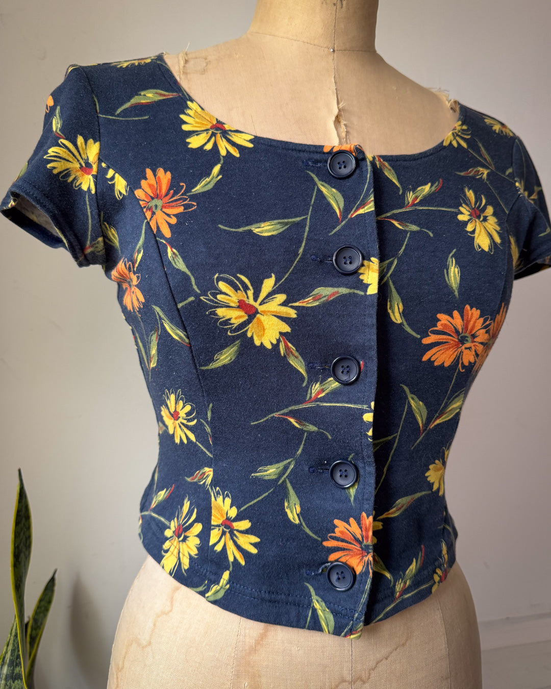 90s Norma Kamali Navy Blue Floral Print Cotton Crop Top / XS