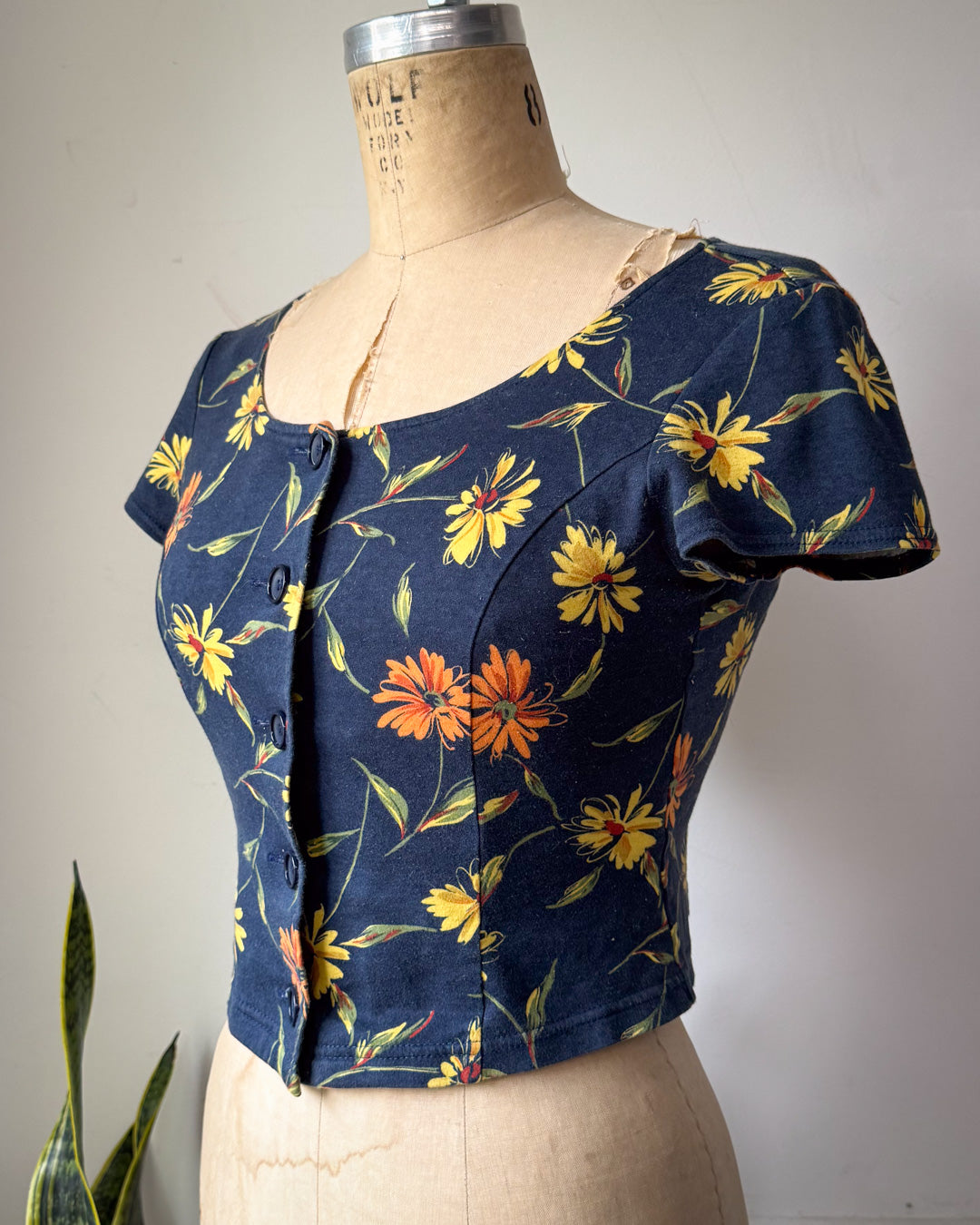 90s Norma Kamali Navy Blue Floral Print Cotton Crop Top / XS
