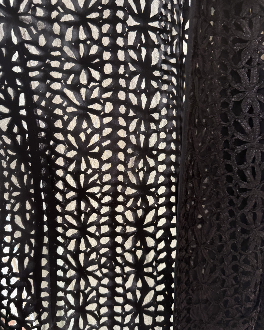 90s Vivienne Tam Black Metallic Woven Raffia Tape Lace Sheer Silk Lined Jacket / S