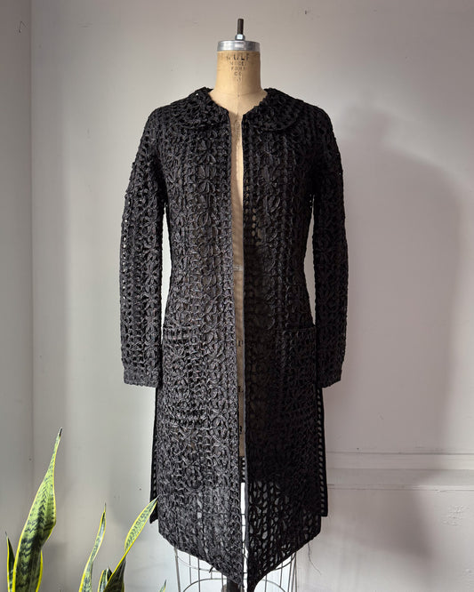 90s Vivienne Tam Black Metallic Woven Raffia Tape Lace Sheer Silk Lined Jacket / S