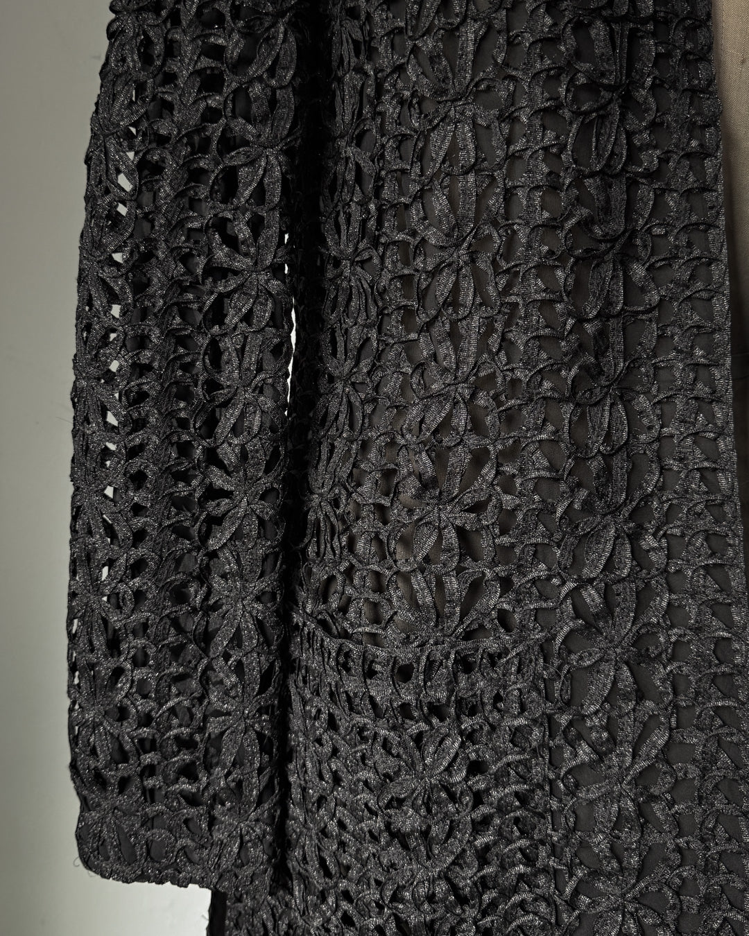 90s Vivienne Tam Black Metallic Woven Raffia Tape Lace Sheer Silk Lined Jacket / S