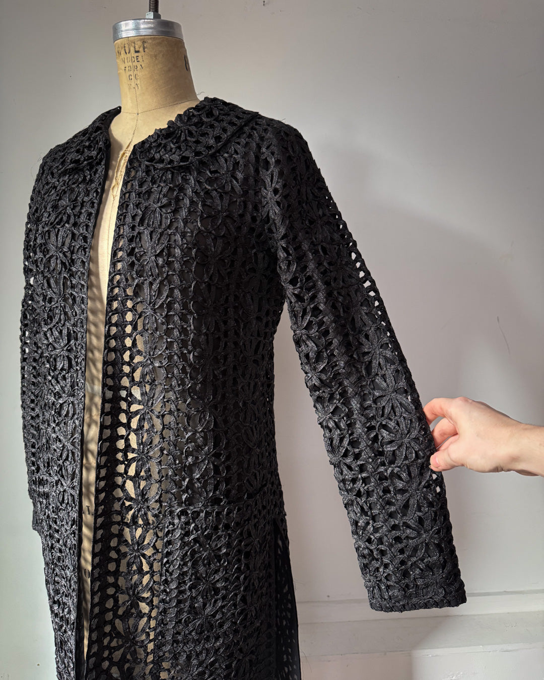 90s Vivienne Tam Black Metallic Woven Raffia Tape Lace Sheer Silk Lined Jacket / S