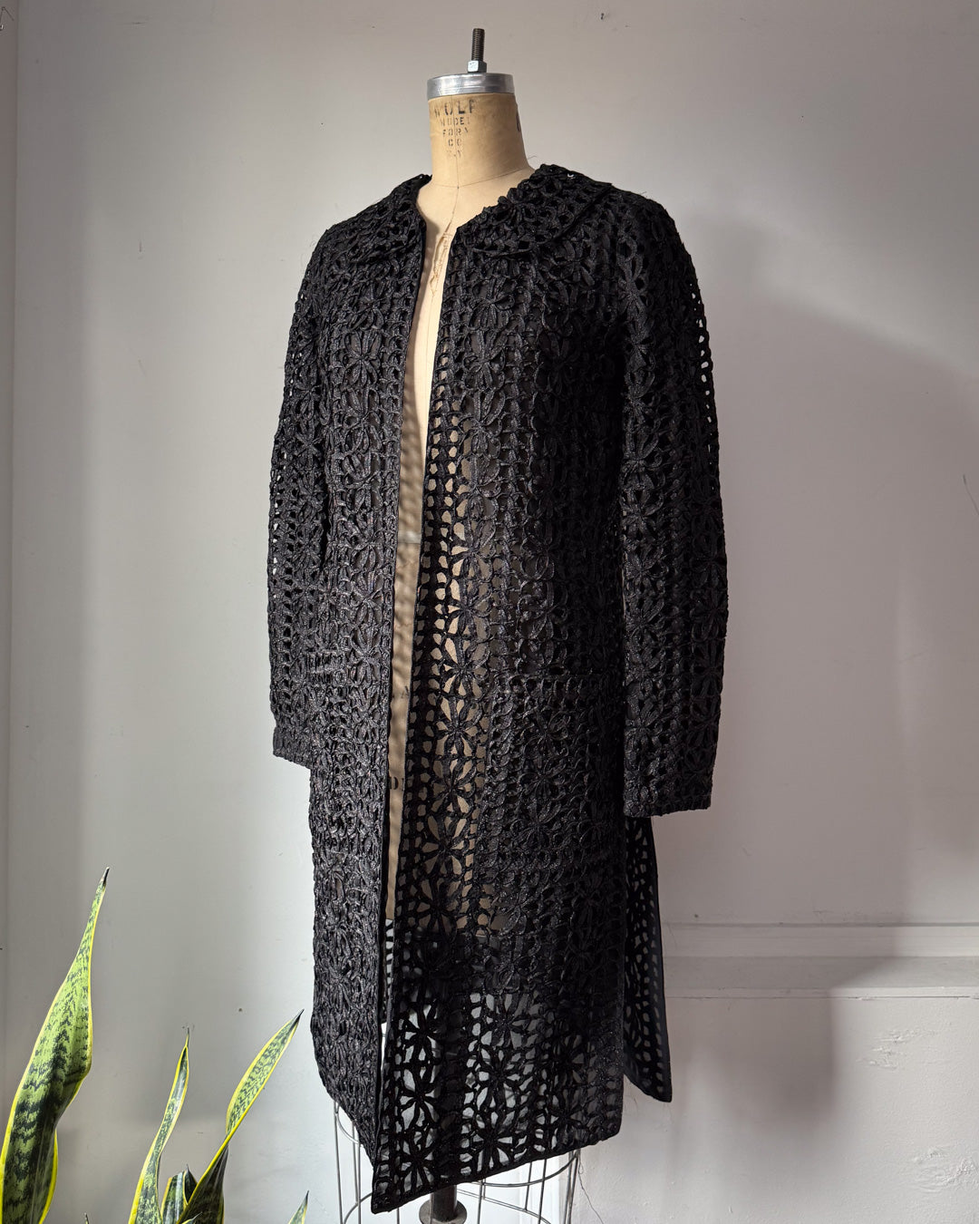 90s Vivienne Tam Black Metallic Woven Raffia Tape Lace Sheer Silk Lined Jacket / S