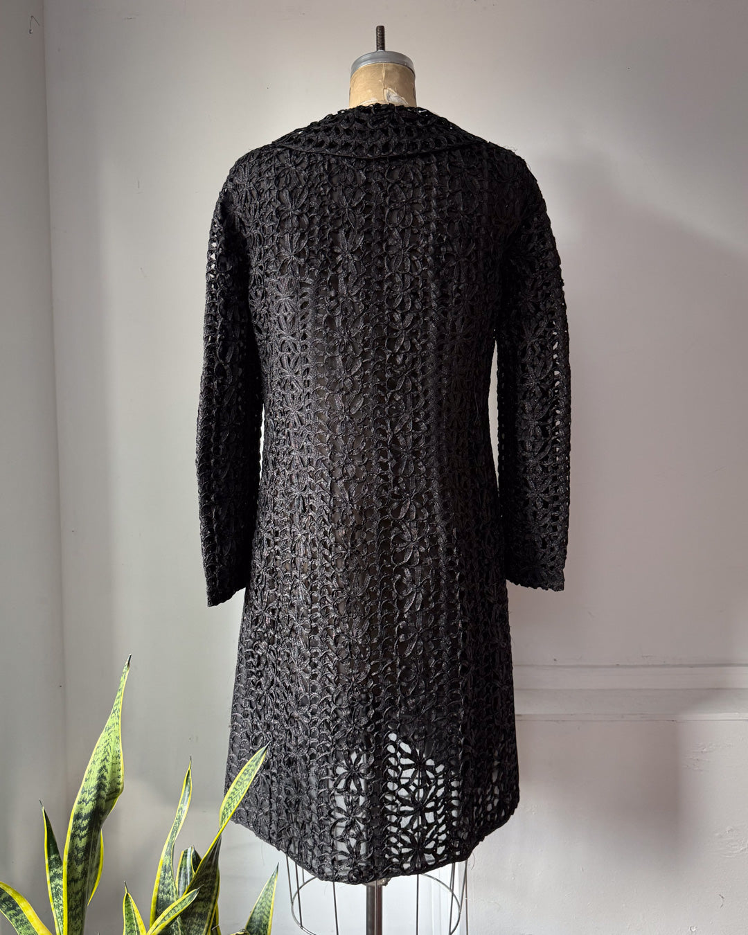 90s Vivienne Tam Black Metallic Woven Raffia Tape Lace Sheer Silk Lined Jacket / S