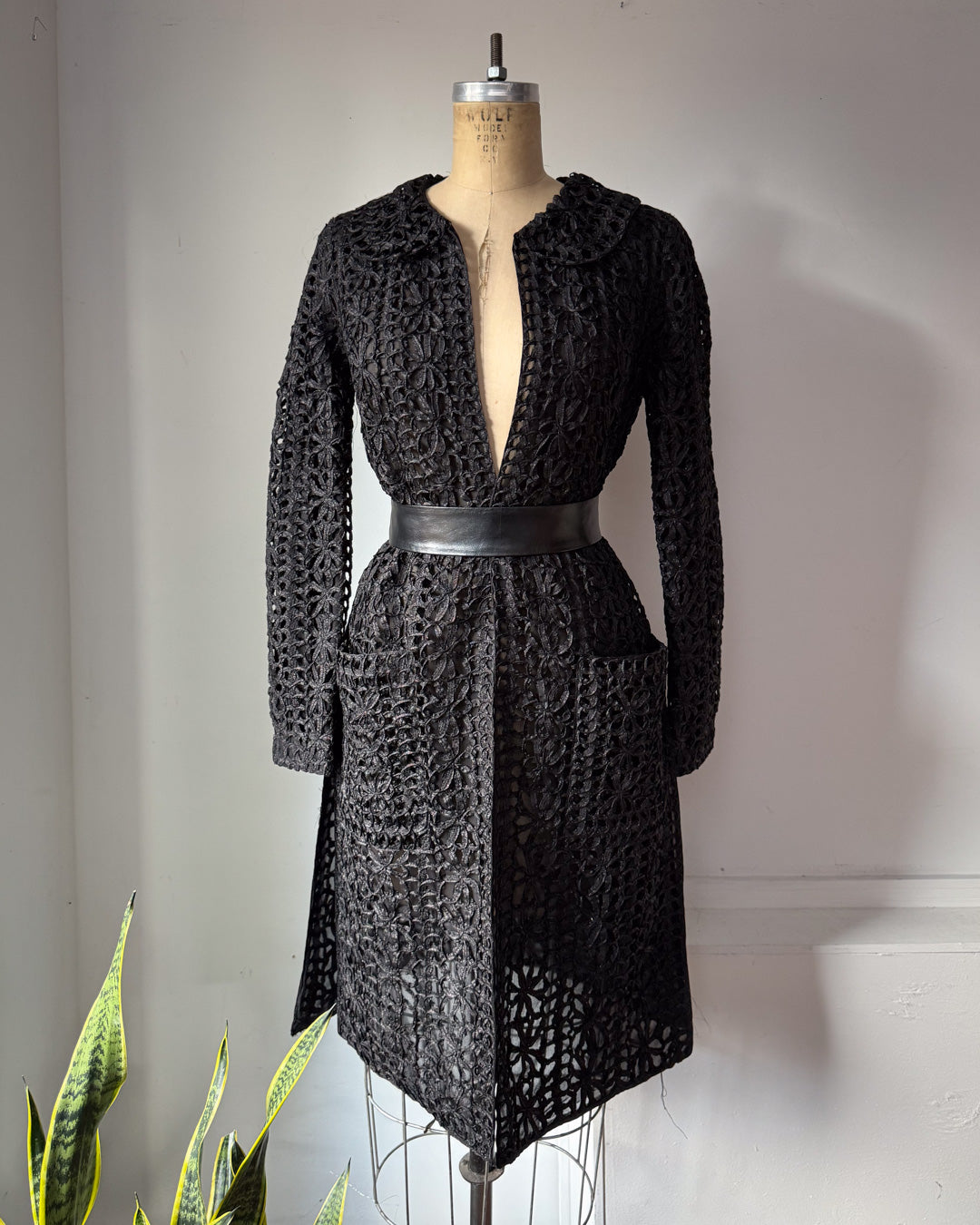 90s Vivienne Tam Black Metallic Woven Raffia Tape Lace Sheer Silk Lined Jacket / S