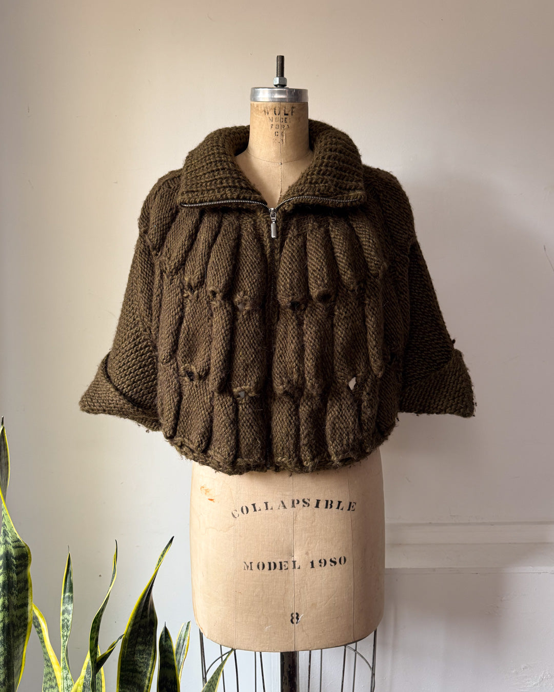 Y2K Olive Green Unique Knit Cape Sweater Cardigan / S-L