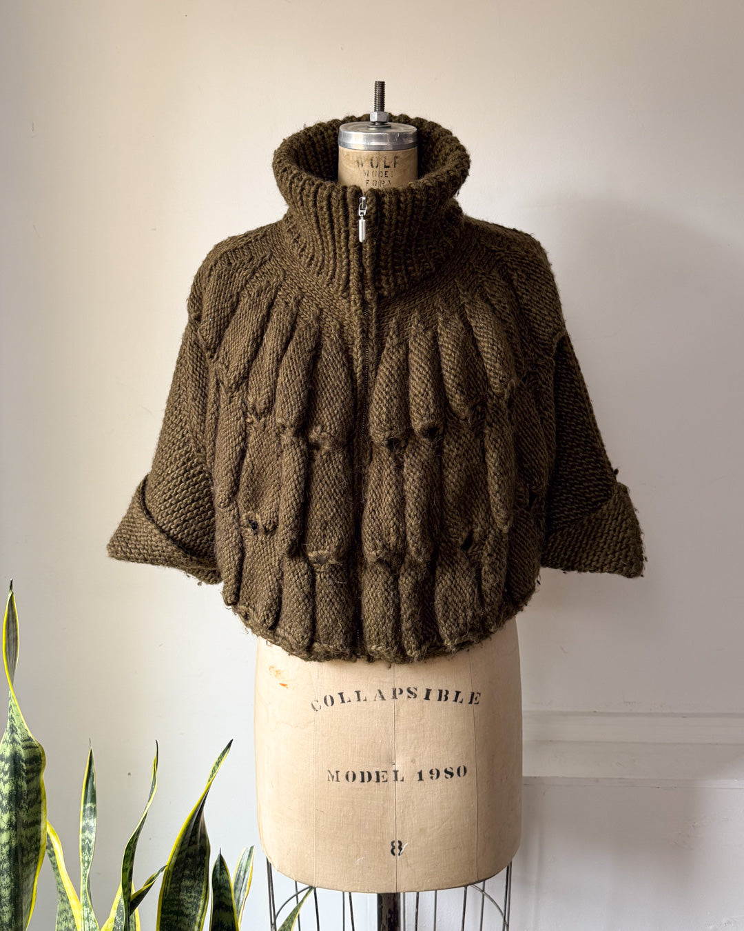 Y2K Olive Green Unique Knit Cape Sweater Cardigan / S-L