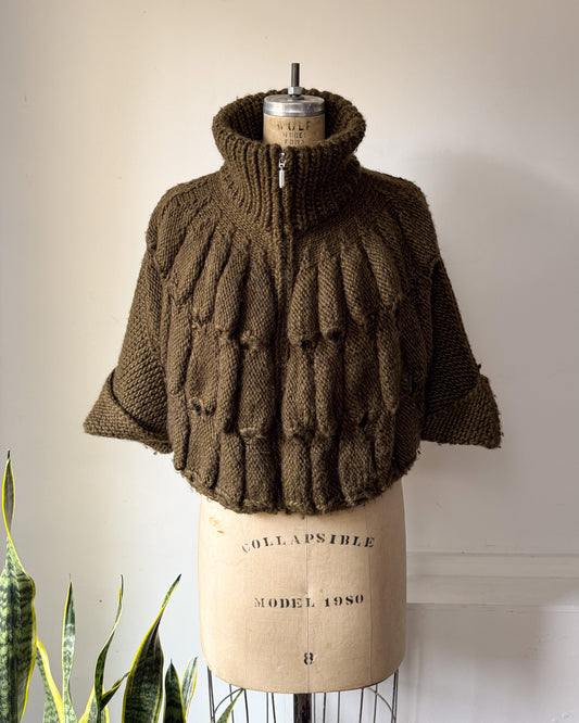 Y2K Olive Green Unique Knit Cape Sweater Cardigan / S-L