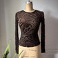 90s Flocked Pattern Brown Velvet Black Mesh Long Sleeve Top / S-M