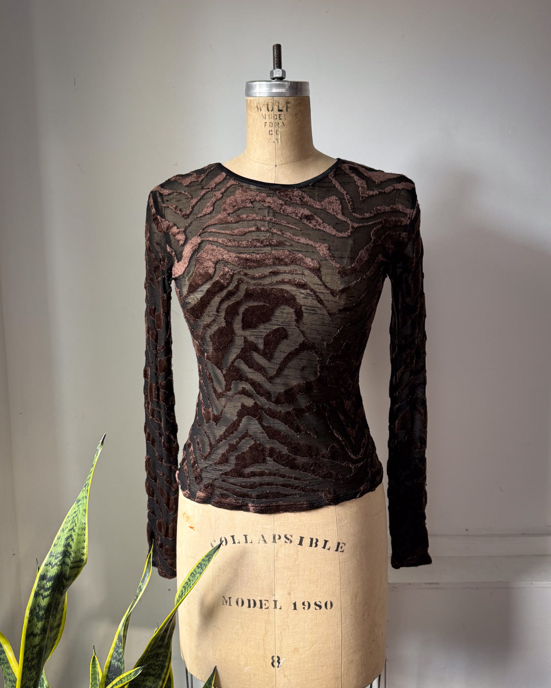 90s Flocked Pattern Brown Velvet Black Mesh Long Sleeve Top / S-M
