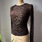 90s Flocked Pattern Brown Velvet Black Mesh Long Sleeve Top / S-M