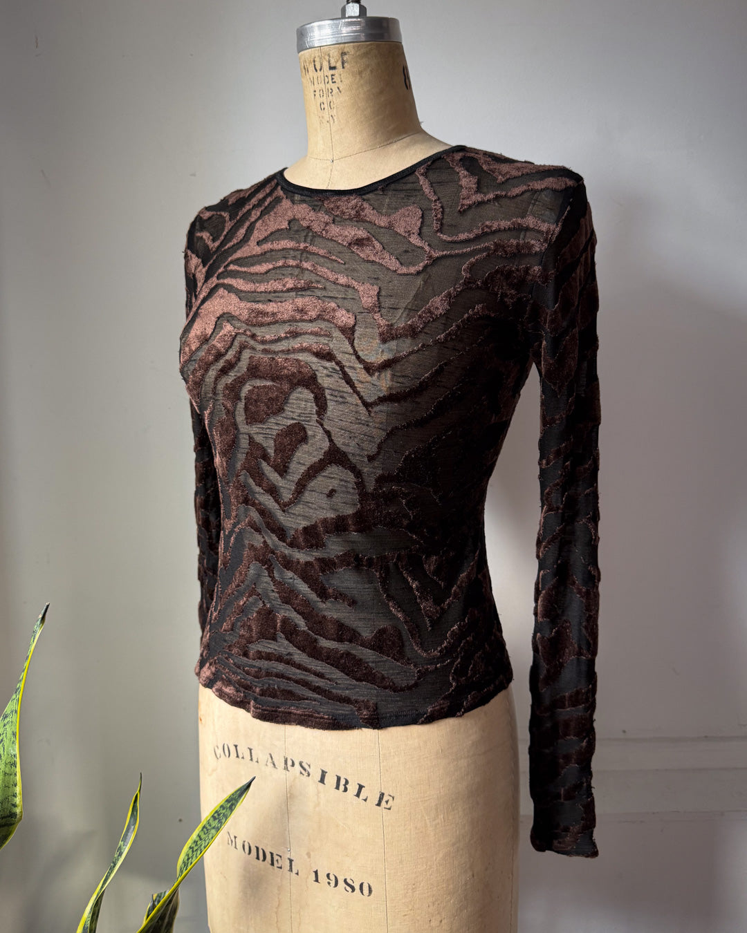 90s Flocked Pattern Brown Velvet Black Mesh Long Sleeve Top / S-M