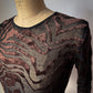 90s Flocked Pattern Brown Velvet Black Mesh Long Sleeve Top / S-M