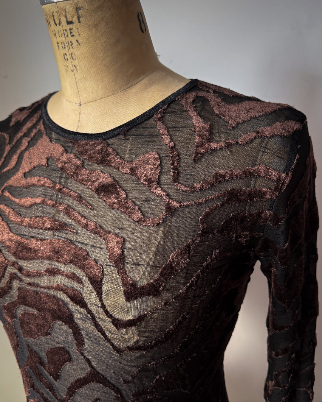 90s Flocked Pattern Brown Velvet Black Mesh Long Sleeve Top / S-M