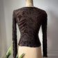 90s Flocked Pattern Brown Velvet Black Mesh Long Sleeve Top / S-M
