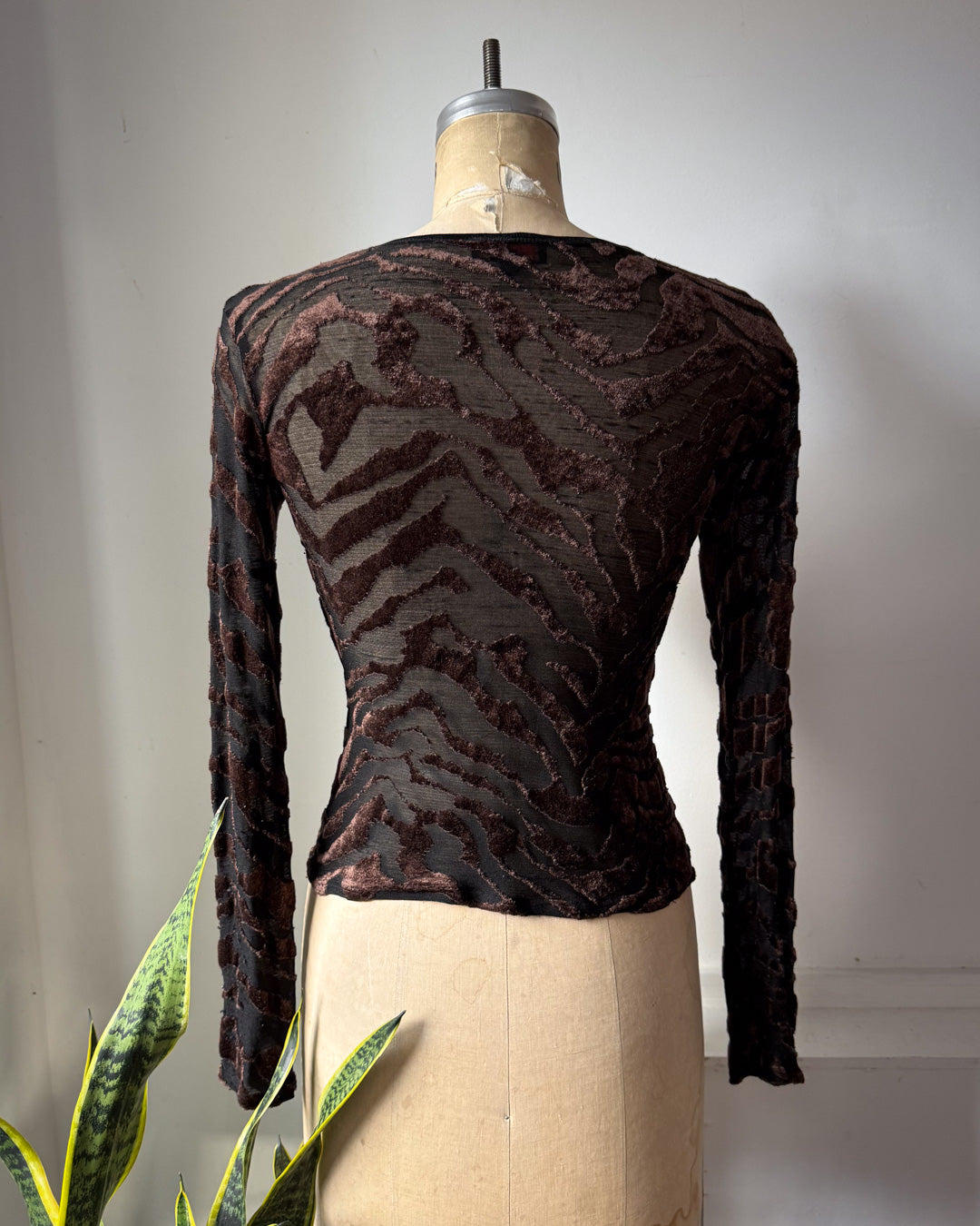 90s Flocked Pattern Brown Velvet Black Mesh Long Sleeve Top / S-M