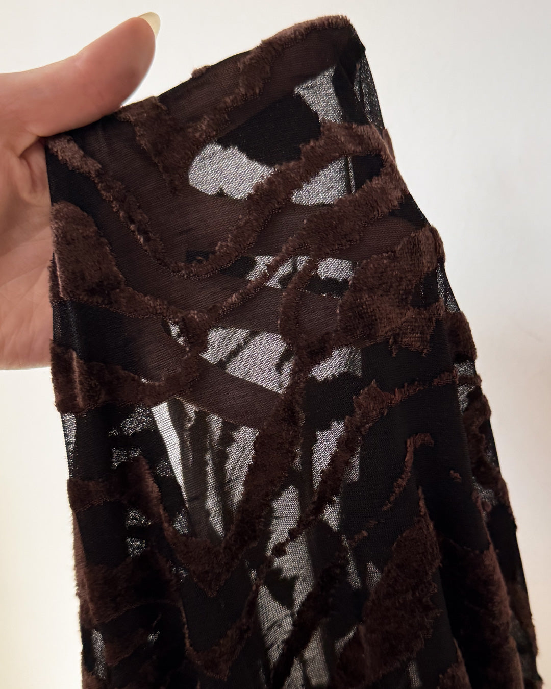 90s Flocked Pattern Brown Velvet Black Mesh Long Sleeve Top / S-M