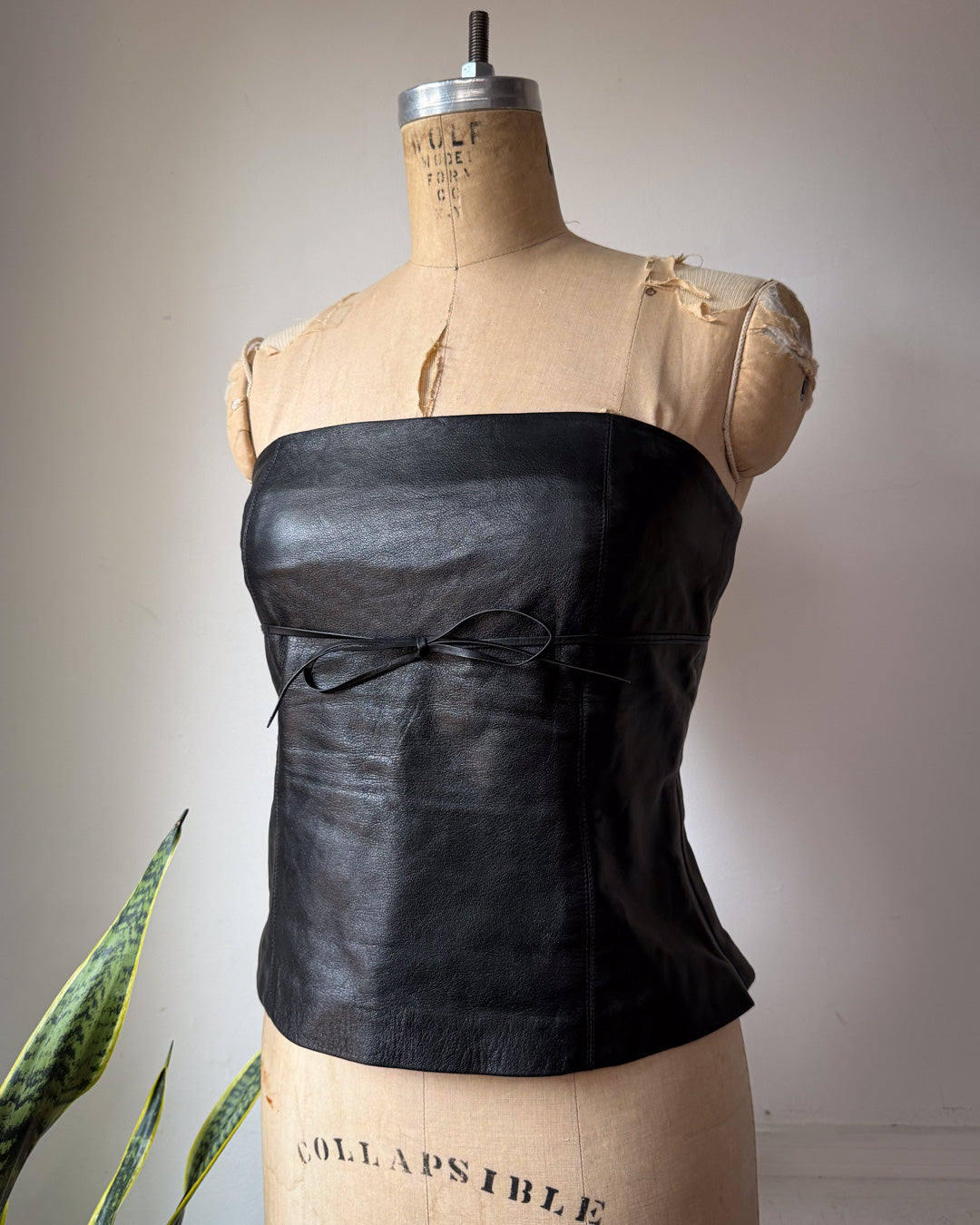 90s Black Lambskin Leather Crop Tube Top / S