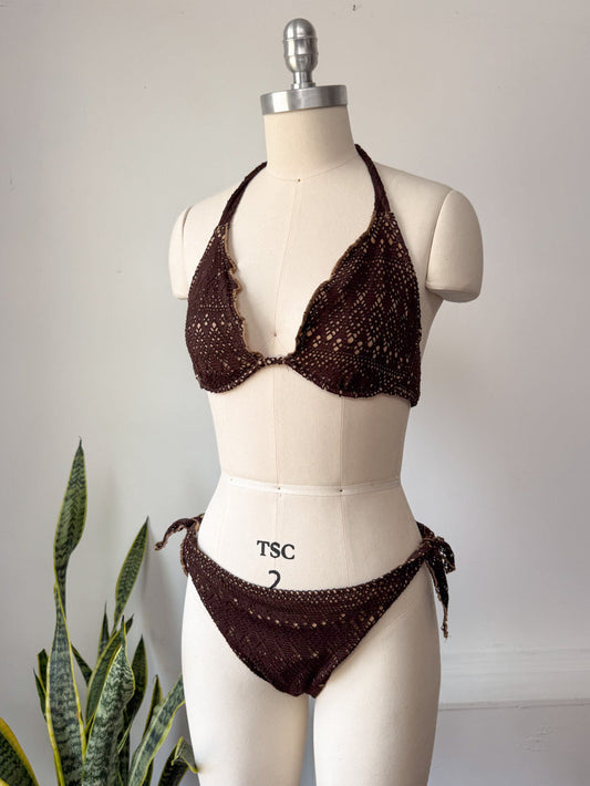 90s Brown Crochet Bikini / M