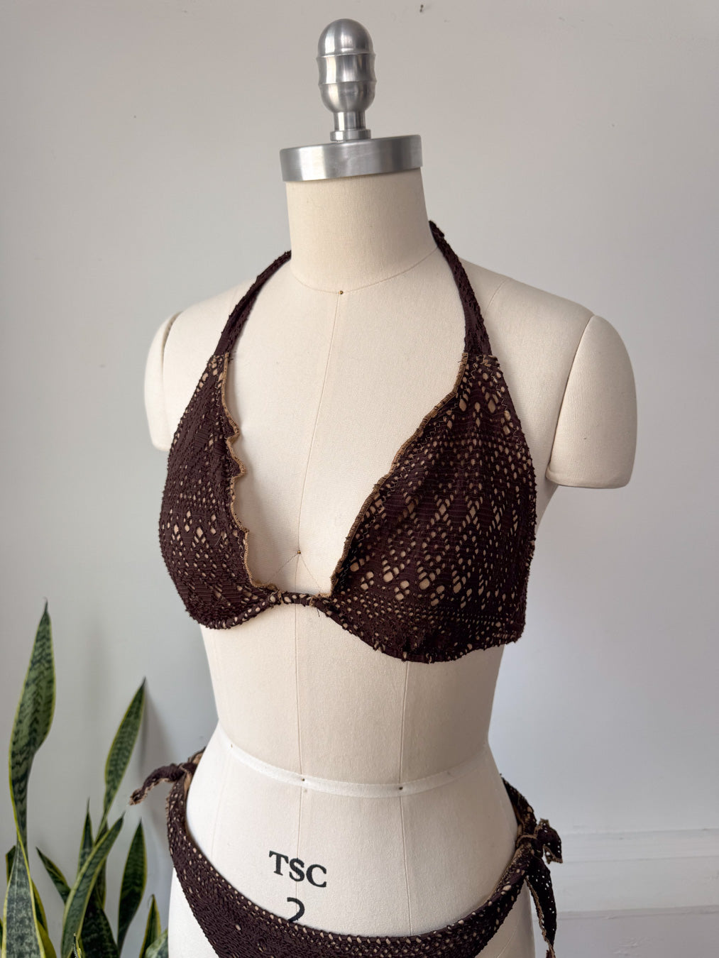 90s Brown Crochet Bikini / M