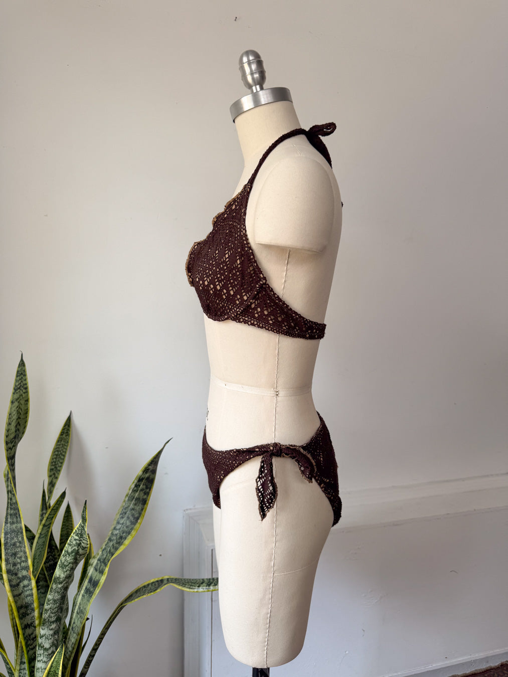 90s Brown Crochet Bikini / M