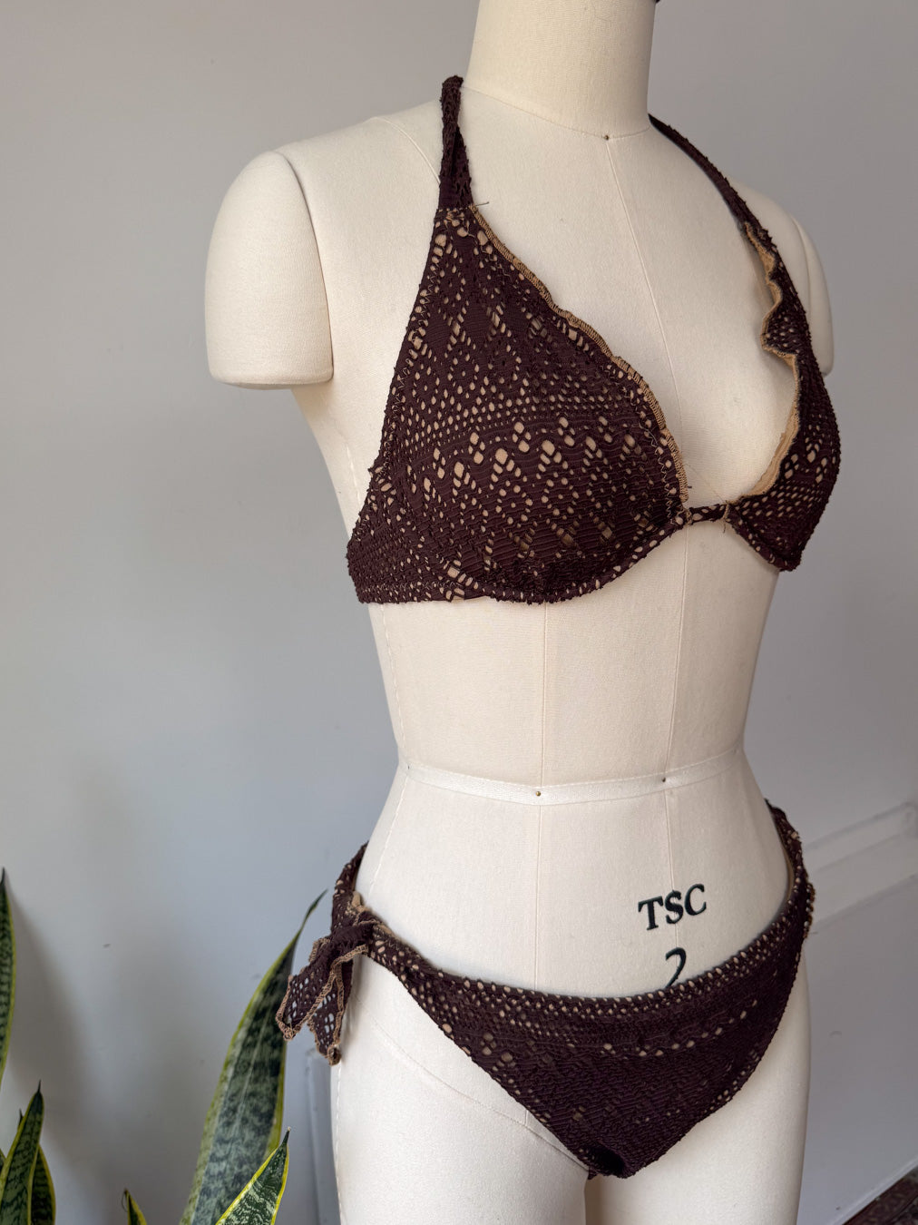 90s Brown Crochet Bikini / M