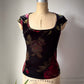 90s Dark Floral Velvet Cap Sleeve Open Back Tie Crop Top / M