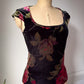 90s Dark Floral Velvet Cap Sleeve Open Back Tie Crop Top / M