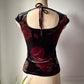 90s Dark Floral Velvet Cap Sleeve Open Back Tie Crop Top / M