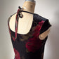 90s Dark Floral Velvet Cap Sleeve Open Back Tie Crop Top / M