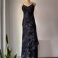 00s Floral Flocked Glitter Velvet Black Maxi Dress Gown / S
