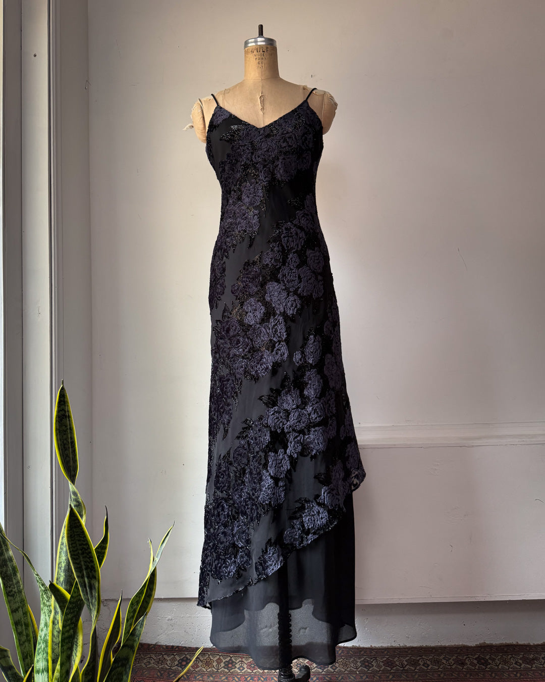 00s Floral Flocked Glitter Velvet Black Maxi Dress Gown / S