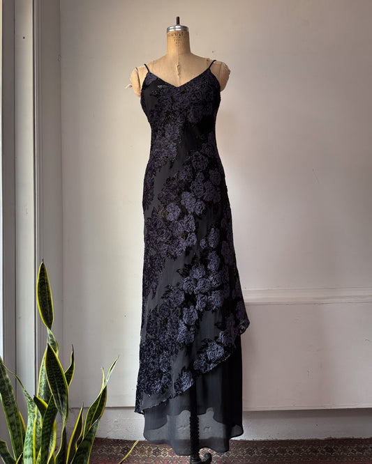 00s Floral Flocked Glitter Velvet Black Maxi Dress Gown / S