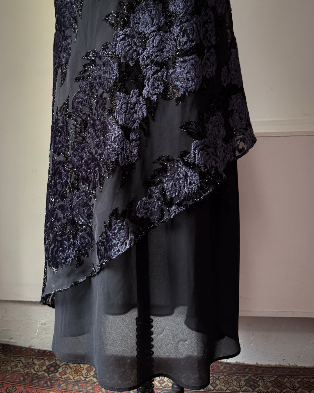 00s Floral Flocked Glitter Velvet Black Maxi Dress Gown / S