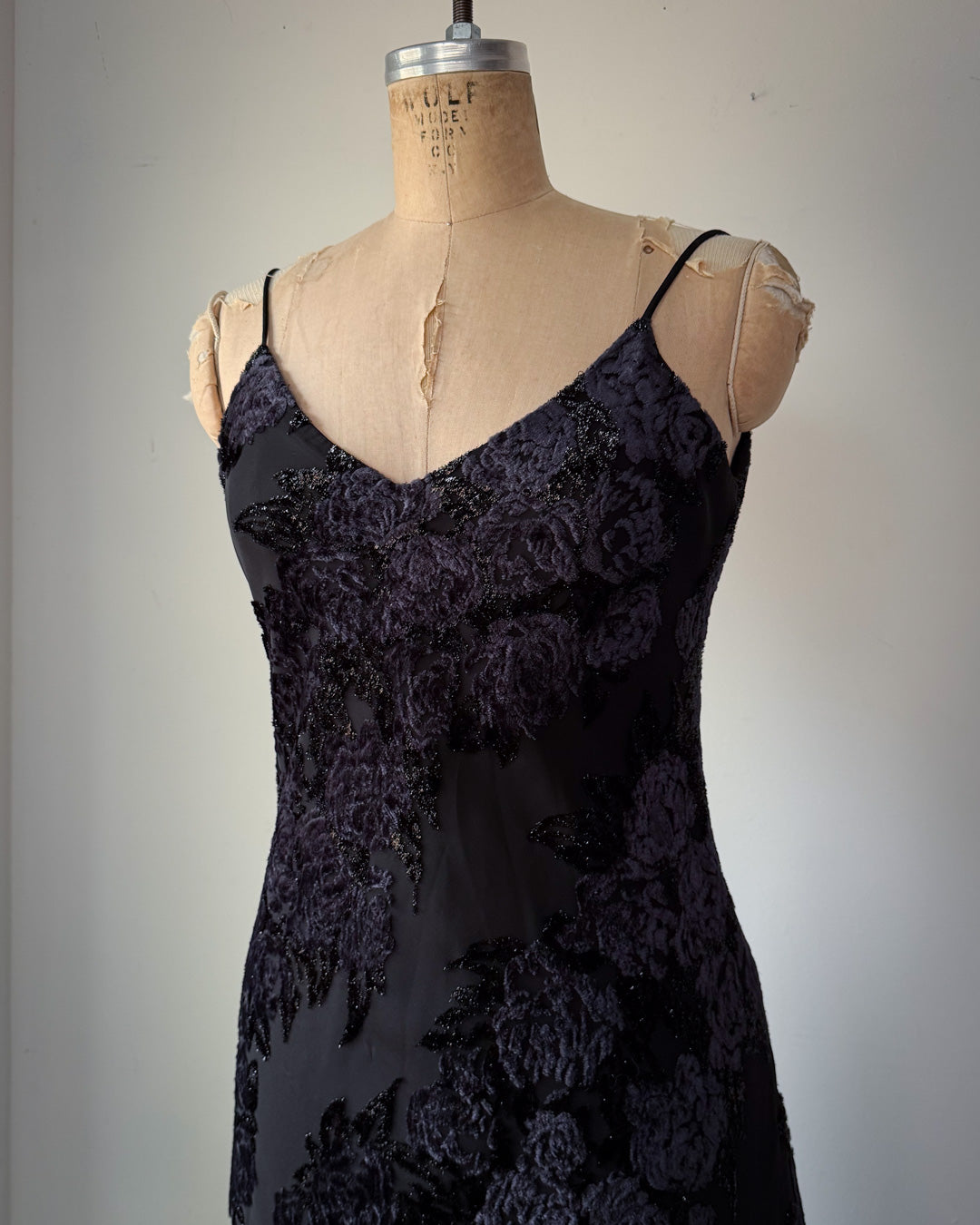 00s Floral Flocked Glitter Velvet Black Maxi Dress Gown / S