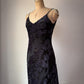 00s Floral Flocked Glitter Velvet Black Maxi Dress Gown / S