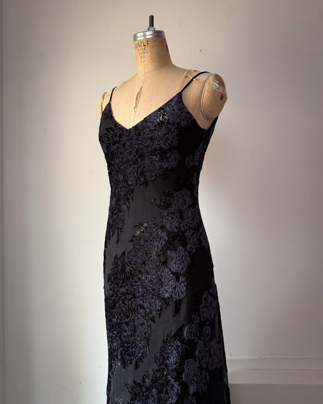 00s Floral Flocked Glitter Velvet Black Maxi Dress Gown / S