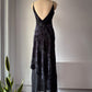 00s Floral Flocked Glitter Velvet Black Maxi Dress Gown / S